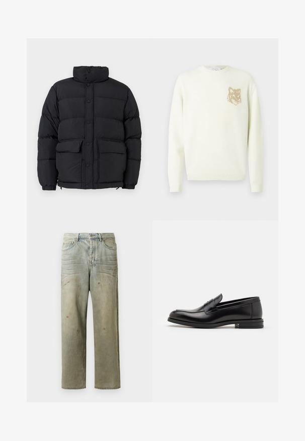 Jachetă puffer neagră, căptușită, cu guler înalt, închidere frontală cu butoane snaps, două buzunare frontale cu clapetă și mansete elastice.; Pulover crem cu guler rotund, cu maneci lungi și un mic grafic cu cap de vulpe bej pe pieptul stâng, cu mansete și tiv din material ribat.; Tricou negru cu mânecă scurtă și guler rotund, având un mic logo brodat cu o vulpe portocalie pe partea stângă a pieptului.; Jeans din denim uzat, de culoare verde deschis, cu un croi drept, design cu cinci buzunare, și decolorare inegală cu stropi de vopsea.; Mocasini din piele neagră cu o textură netedă, vârf rotund și o curea decorativă peste partea superioară. Toc mic, design minimalist.