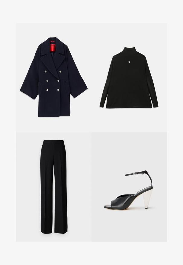 Navy double-breasted coat made of wool, featuring a wide lapel, two front pockets, and silver-tone buttons, with a red branded interior.; Black turtleneck sweater with long sleeves, featuring a small white heart emblem on the chest. Soft fabric and relaxed fit.; Black wide-leg trousers with a smooth texture, featuring a high waistband and center pleats. No visible patterns or hardware details.; Black leather high heel sandal with open toe, asymmetrical design, ankle strap, and a metallic cone-shaped heel. Smooth texture throughout.