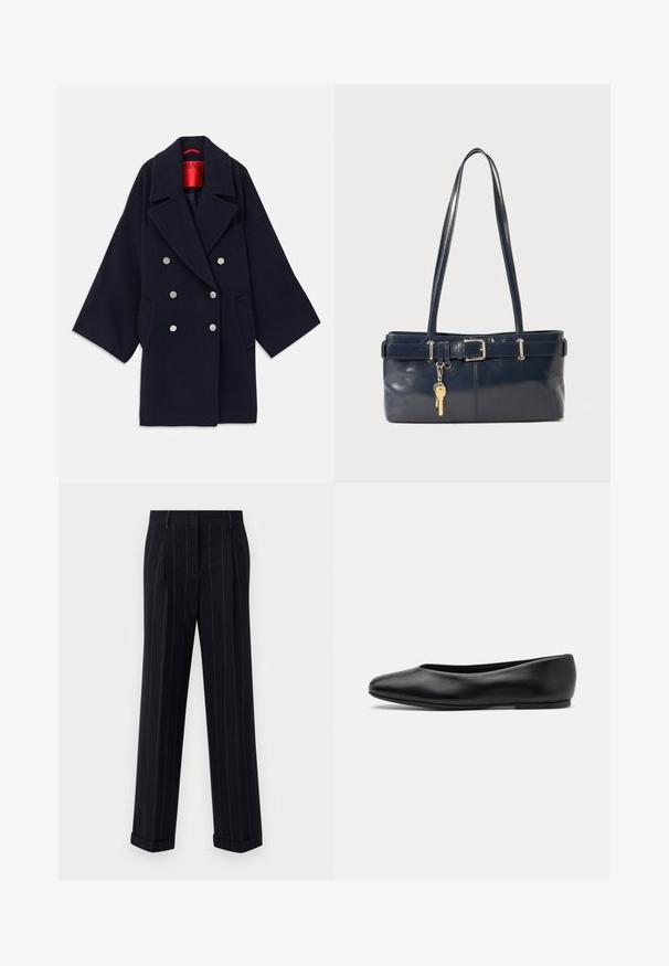 Námořnický dvouřadý kabát vyrobený z vlny, s širokým límcem, dvěma předními kapsami a knoflíky ve stříbrném provedení, s červenou značkovou podšívkou.; Tmavě námořnický svetr s kulatým výstřihem, dlouhými raglánovými rukávy, žebrovanými manžetami a rovním lemem. Vyroben z měkké, texturované pleteniny.; Černé pruhované kalhoty s úzkým střihem, se zúženým lemem a předními sklady. Vyrobené z hladkého materiálu se strukturovaným designem.; Paul Smith TOPANGA - Klasické baleríny  - black; Námořnická kožená kabelka s dvěma dlouhými uchy, detaily s přezkou a připevněným klíčenkou. Vyznačuje se hladkým povrchem a obdélníkovým tvarem.