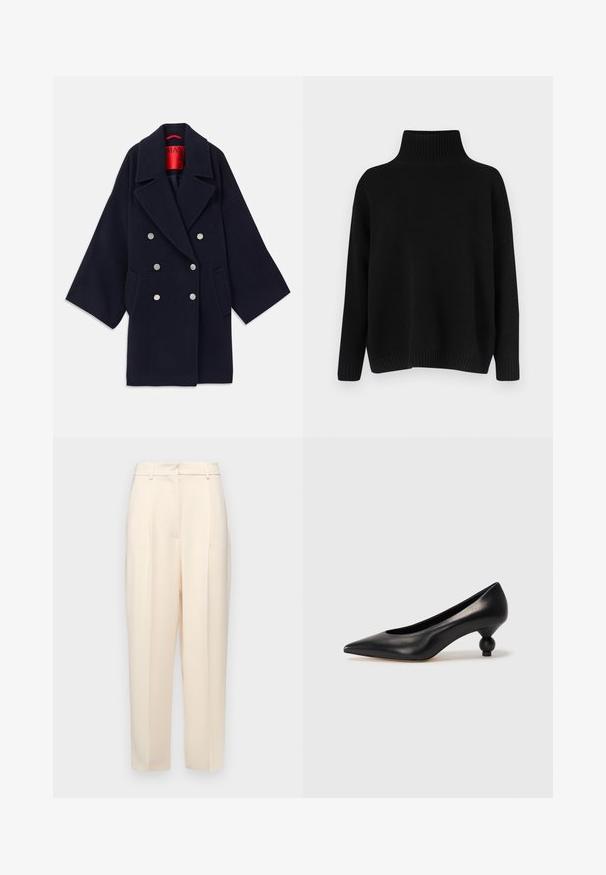 Navy double-breasted coat made of wool, featuring a wide lapel, two front pockets, and silver-tone buttons, with a red branded interior.; Black knitted sweater with a high ribbed collar, dropped shoulders, and a relaxed fit. Features ribbed cuffs and hem for texture.; Beige tailored trousers with a straight fit, featuring pleats at the front, a smooth texture, and a mid-rise waist. No visible pockets.; Black leather high heel shoe with a pointed toe and a round, balled heel. Smooth texture with a sleek, minimal design.