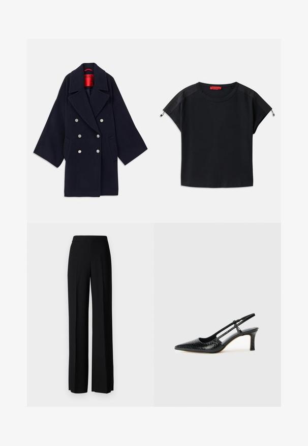 Tume sinise värvi kahekordse voodriga villane mantel, millel on lai krae, kaks eesmist taskut ja hõbedased nupud, punase bränditud sisevoodriga.; Mustalane lühike t-särk ümmarguse kaelusega. Sisaldab pehmeid kangaid satiinpaneelidega õlgadel ja nööridega detaile varrukatel.; Mustad laiad püksid mustas värvitoonis, sujuva tekstuuri ja kõrge vöökoha ning keskmiste voldikutega. Ilma nähtavate mustrite või tarvikute detailideta.; Mustmust paelad, millel on terav varvas, tekstuuriga maduprindiga, reguleeritav rihm ja lühike tekstuuriga plokknina.