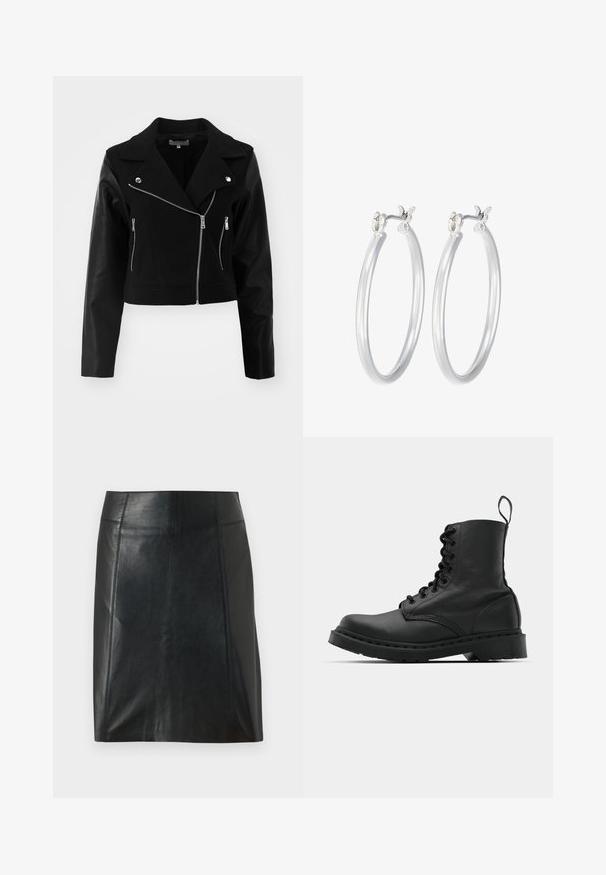 Czarna krótka kurtka z wełnianym korpusem i skórzanymi rękawami. Posiada wykładany kołnierz, srebrne zapięcia na zamek błyskawiczny oraz dwie przednie kieszenie na zamek.; Biała, prążkowana koszulka na ramiączkach z okrągłym dekoltem i bez rękawów, z prostym dołem i gładką, elastyczną teksturą.; Czarna skórzana spódnica o dopasowanym kroju. Gładka tekstura, szwy podkreślające kształt i prosty dół. Minimalistyczny i elegancki wygląd.; Czarne skórzane buty wojskowe z okrągłym noskiem, sznurowanym przodem i pętelką przy kostce. Posiadają grubą gumową podeszwę dla zwiększenia trwałości.; Srebrne kolczyki w formie kółek o gładkim, polerowanym wykończeniu. O okrągłym kształcie i pewnym zapięciu na klik. Lekka konstrukcja odpowiednia do codziennego noszenia.