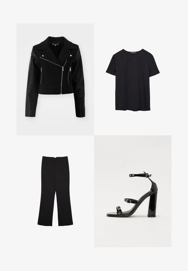 Čierna skrátená bunda s vlnovým telom a koženými rukávmi. Má výstrih s klopami, strieborné zipsy a dve predné vrecká na zips.; Jednoduché čierne bavlnené tričko s krátkym rukávom a okrúhlym výstrihom, umiestnené na bielom pozadí.; Čierne nohavice so strihom rovného strihu, s prednými vreckami a bočnými rozparkami na leme. Vyrobené z mäkkej, hladkej tkaniny. Vhodné na rôzne príležitosti.; Čierne lakované sandále na podpätku so štvorcovou špičkou, navlečenými remienkami okolo členku a striebornými prackami. Disponujú masívnym blokovým podpätkom pre stabilitu.