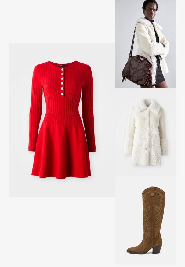 Cappotto bianco peloso con un tessuto texturizzato, ampio colletto e chiusure a bottone. Il corpo ha una finitura liscia, con accenti a contrasto.; Abito a maglia rosso a coste con maniche lunghe, corpino aderente e gonna svasata. Presenta un collo rotondo e cinque bottoni bianchi davanti.; Stivale marrone in suede alto fino al ginocchio con punta affusolata, tacco impilato e cuciture decorative in stile western lungo il gambale.; Borsa a mano in pelle marrone con finitura texturizzata, bordi plissettati e frange laterali; dotata di una tracolla staccabile con accenti metallici.