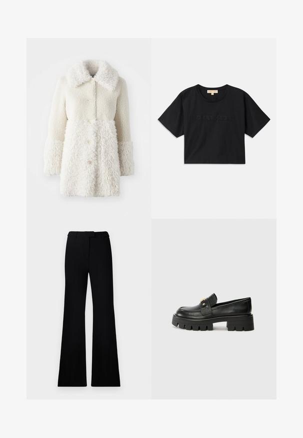 Witte bontachtige jas met een textuurstof, grote kraag en knoopsluitingen. Het lichaam heeft een gladde afwerking, met contrasterende accenten.; Zwart cropped t-shirt van katoen. Voorzien van een ronde hals en korte mouwen. "MICHAEL KORS" geborduurd in een bijpassende kleur op de voorkant.; Zwarte uitlopende broek met een soepele textuur, een op maat gemaakte tailleband en voorzakken, ontworpen met een elegante, moderne silhoeët.; Zwarte leren instappers met een chunky zool, met een goudkleurige accent aan de voorkant en een gladde afwerking. Chunky profielontwerp op de zool.