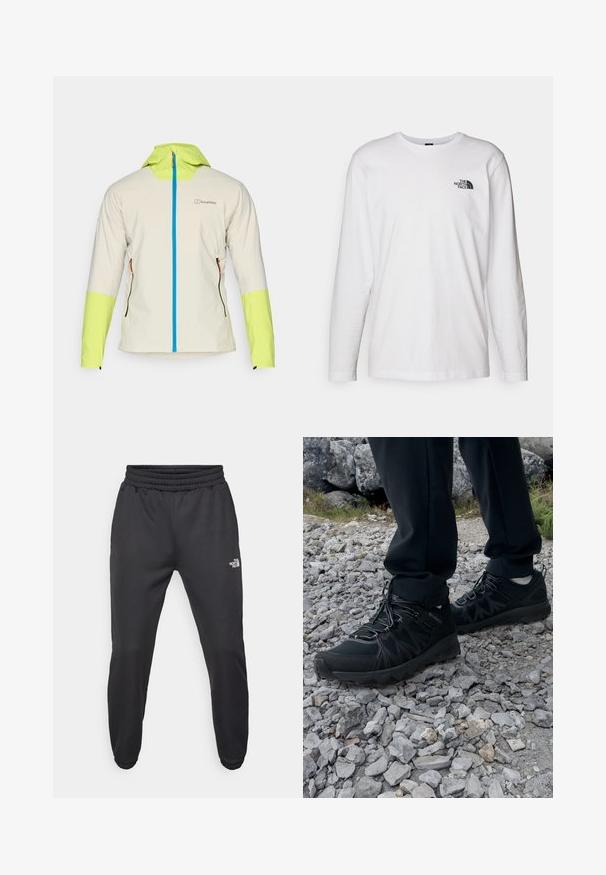 Giacca leggera con corpo crema, maniche verde brillante e zip blu. Presenta due tasche laterali con zip e un cappuccio.; T-shirt bianco a maniche lunghe in cotone con colletto rotondo. Presenta un piccolo logo nero sul petto. Texture liscia, vestibilità regolare.; Pantaloni sportivi neri con vita regolabile tramitecordino, vestibilità affusolata, polsini elasticizzati e un piccolo logo bianco sulla coscia sinistra, realizzati in tessuto morbido.; Scarpe da esterni nere realizzate in mesh e materiale sintetico, con una parte superiore testurizzata, un sistema di allacciatura sicuro e una suola robusta, su terreno roccioso.