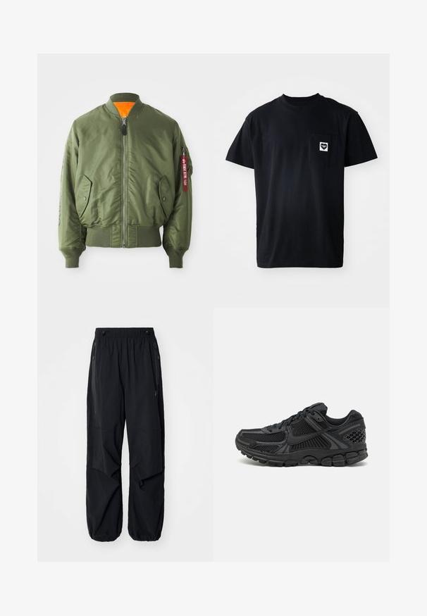 Casaco bomber verde-azeitona com fecho de zip, punhos e bainha canelados, bolsos laterais e forro laranja. Apresenta detalhe de etiqueta vermelha na manga.; T-shirt de algodão preto com gola redonda, mangas curtas e um bolso no lado esquerdo do peito, decorado com um logotipo em forma de coração em branco.; Calças cargo leves e pretas com uma cintura elástica, zíperes laterais e bolsos espaçosos. Apresentam um corte solto e bainhas ajustadas.; Sapatilha atlética preta com parte superior em malha, sola de borracha e toques texturizados. O design inclui um sistema de atacadores pronunciado e sola almofadada.