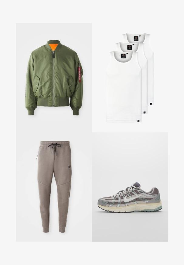 Olivově zelená bombero bunda se zipem vpředu, žebrovanými manžetami a lemem, bočními kapsami a oranžovou podšívkou. Na rukávu je červená štítková ozdoba.; Tři bílé žebrované tílka vyrobené z bavlny. Mají kulatý výstřih a malé černé štítky poblíž lemu. Dostupné v několika velikostech.; Šedé Nike tepláky s elastickým pasem na šňůrku, zúženými nohavicemi, bočními kapsami a charakteristickým švem. Měkká, strukturovaná tkanina.; Šedá sportovní obuv s vrchní částí z mikrovlákna a semiše, bílými akcenty, polstrovanou podrážkou a jedinečným designem s reflexními prvky.