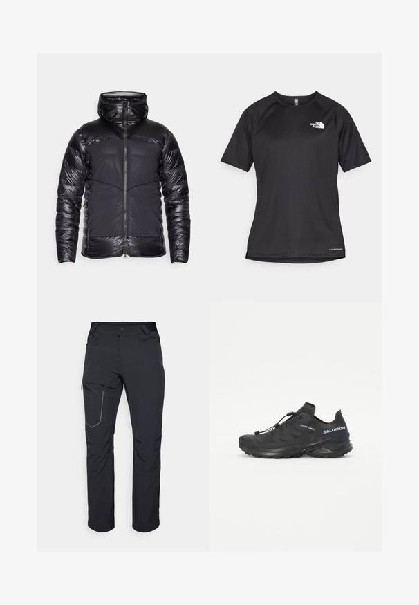 Zwarte gewatteerde donsjack met een glanzende, gequiltte armen en bovenste borst, matte voorpanelen en een centrale ritssluiting.; Zwarte sportshirt met korte mouwen van textuurstof, met een wit logo op de linkerborst en een rechte zoom.; Zwarte outdoorbroeken met een ritszak op de dij, een elastische tailleband en glad, waterafstotend materiaal. Schoon ontwerp zonder zichtbare logo's.; Zwarte trailrunning-schoen met een gestructureerde bovenkant, elastische veters en Contagrip-buitenzool. Bevat een goede pasvorm en beschermende teenkap.