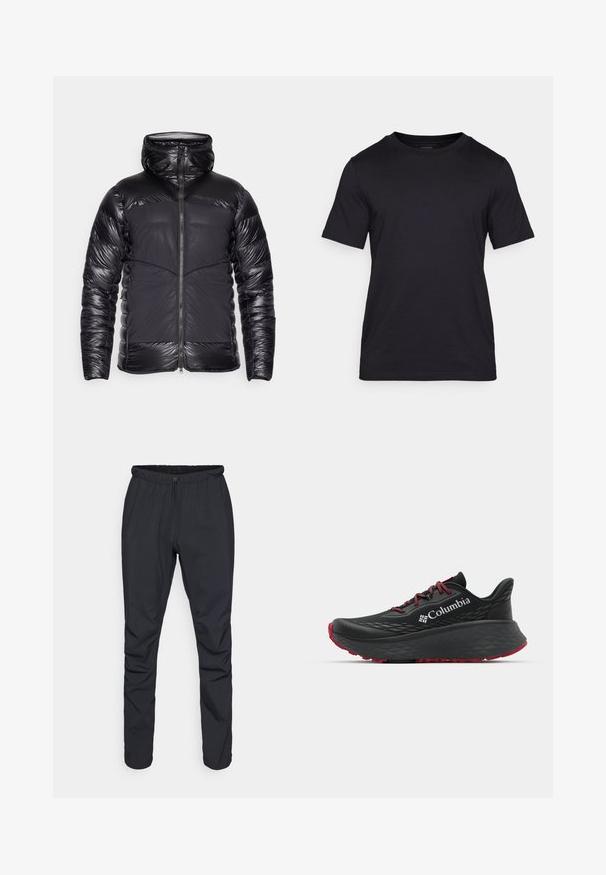 Čierna kapucňa s nadýchanou bundou, lesklé prešívané rukávy a horná časť hrude, matné predné panely a centrálne zapínanie na zips.; Čierne tričko z hladkej tkaniny, s okrúhlym výstrihom a krátkymi rukávmi. Discretné logo potlačené čiernou farbou na hrudi.; Čierne ľahké nohavice s elastickým pásom, sťahovaním na šnúrku a zúženými nohavicami. Vyrobené z vodoodpudivého materiálu so jemnou textúrou.; Čierna športová obuv s textúrovaným zvrškom, červenými šnúrkami a logom. Hrubá podrážka s vzorovaným dezénom pre trakciu. Minimalistický dizajn, bočný pohľad.