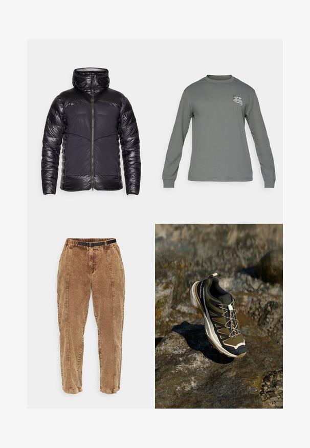 Schwarze Kapuzen-Pufferjacke mit glänzenden, gesteppten Ärmeln und Oberkörper, matten Vorderpanelen und mittigem Reißverschluss.; Langarmshirt aus grauem Stoff, mit Rundhalsausschnitt und einem weißen Grafiklogo auf der linken Brust. Glatte Textur und einfaches Design.; Braune Cordhosen mit einer strukturierten Oberfläche, ausgestattet mit einem schwarzen verstellbaren Gürtel, Seitentaschen und einer lässigen Passform. Die Hosen laufen zu den Knöcheln hin zusammen.; Wanderschuh in Olivgrün und Schwarz mit pinken Akzenten. Verfügt über ein strukturiertes Obermaterial, eine flexible Sohle, eine verstärkte Zehenkappe und ein farbenfrohes Schnürsystem.