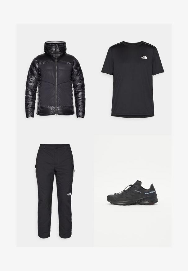 Black hooded puffer jacket with shiny quilted arms and upper chest, matte front panels, and central zipper closure.; Black short-sleeve T-shirt made from lightweight fabric. Features a small white logo on the left chest and subtle shoulder accents.; The North Face WINTER EXPLORATION TAPERED CARGO - Outdoor trousers - black; Black trail running shoe with a textured upper, elastic laces, and Contagrip outsole. Features a snug fit and protective toe cap.