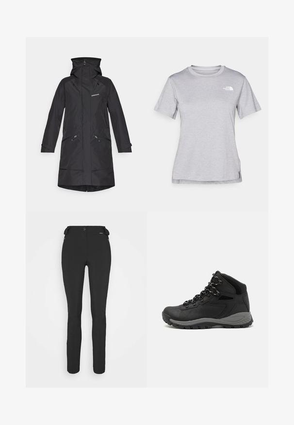 Cappotto impermeabile nero con cappuccio, due tasche laterali con zip e polsini elasticizzati. Presenta un design minimalista e il logo del brand sul petto.; T-shirt grigio a maniche corte realizzato in morbido tessuto traspirante. Presenta un collo tondo e un piccolo logo bianco nella parte superiore sinistra.; Pantaloni neri aderenti realizzati in materiale flessibile. Presentano una tasca laterale con zip, ginocchia articolate e una texture liscia.; Stivale da trekking nero con design a metà altezza, dotato di una tomaia texturizzata, accenti grigi e suola in gomma resistente con tasselli per la trazione.