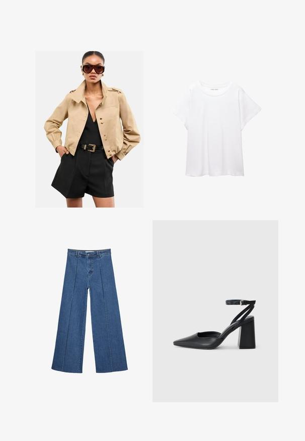 Lyhyt beige takki kultaisilla napeilla, yhdistettynä mustaan syvään V-pääntiepaitaan ja mukautettuihin mustiin shortseihin. Musta teksturoitu vyö korostaa asua.; Valkoinen T-paita, joka on valmistettu pehmeästä ja kevyestä kankaasta. Omistaa pyöreän kaula-aukon ja lyhyet, leveät hihat rentoa istuvuutta varten. Ei näkyviä kuvioita.; Korkeat vyötäröiset, keskisiniset, leveiden lahkeiden denim-farkut, joissa on nappikiinnitys ja kontrastiväriset pystysaumadetaileja edessä.; Mustat nahkakengät, joissa on kapea kärki, nilkkaremmi ja paksu korko. Tasainen pinta, tyylikäs muotoilu ja minimalistinen estetiikka.