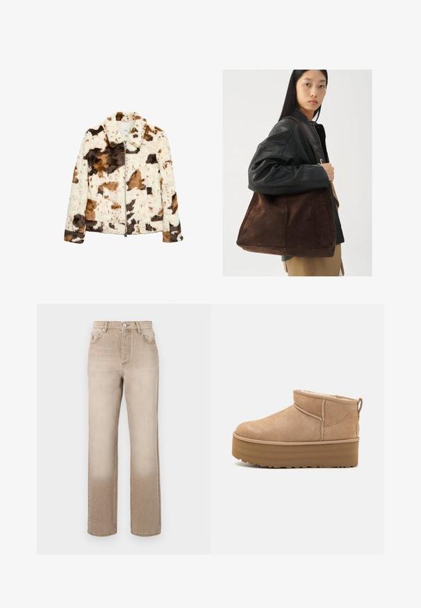 Chaqueta de piel sintética con un patrón de manchas de vaca en crema, marrón y negro. Cuenta con un collar con muesca y cierre frontal de cremallera.; Suéter de color crema claro con mangas largas, cuello redondo y dobladillo de canalé. Fabricado con un material suave, presenta una textura lisa.; Jeans de mezclilla beige con un efecto ligeramente desgastado, diseño de pierna recta, estilo de cinco bolsillos y cierre de botón metálico en la cintura.; Botas de tobillo de ante beige con un interior suave, que cuentan con una suela tipo plataforma y una lengüeta en la parte posterior para ponérselas fácilmente. Suela de goma texturizada.; Bolsa de tote de ante marrón con forma amplia y textura suave, con una sola correa y un hardware minimalista sobre un fondo neutro.