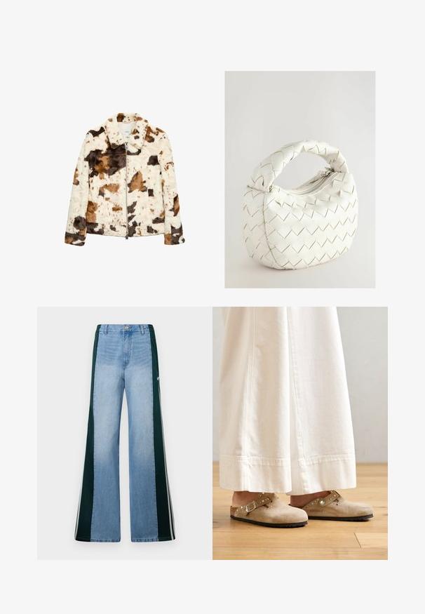 Kurtka z fałszywego futra w wzór w krowie łaty w odcieniach kremowym, brązowym i czarnym. Posiada wykładany kołnierz oraz zamek błyskawiczny z przodu.; Biała koszulka z krótkim rękawem, wykonana z bawełny. Posiada okrągły dekolt i luźny krój. Gładka faktura bez widocznych wzorów czy akcentów.; Jasnoniebieskie dżinsy o szerokich nogawkach z ciemnozielonymi panelami bocznymi i białymi paskami, z przodu z zapięciem na guzik i zamek błyskawiczny.; Beżowe zamszowe klompy z zapięciem na klamrę i ćwiekami, noszone z białymi spodniami o szerokich nogawkach, ustawione na drewnianej podłodze.; Biała pleciona torba na ramię z okrągłym uchwytem, z zamknięciem na zamek błyskawiczny i miękką fakturą. Gładkie wykończenie i geometryczny wzór na powierzchni.