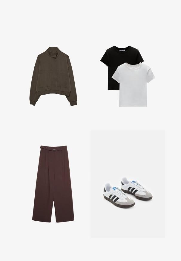 Temno rjav skrajšan jopič z visokim ovratnikom, sprednjim zadrgo, pokrito s preklopom, dvema velikima sprednjima žepoma in rebrastimi manšetami.; Dve majice s okruglim izrezom, crne in bele barve, narejene iz bombaža. Imajo kratke rokave in enobarven dizajn brez vzorcev ali dodatkov.; Stradivarius WIDE-LEG WITH BUCKLE DETAIL  - Hlače - dark brown; Športni čevlji z belim usnjenim zgornjim delom, sivim semišem na prstih in tremi črnimi črtami. Imajo modro logo na jeziku in teksturiran gumijast podplat.