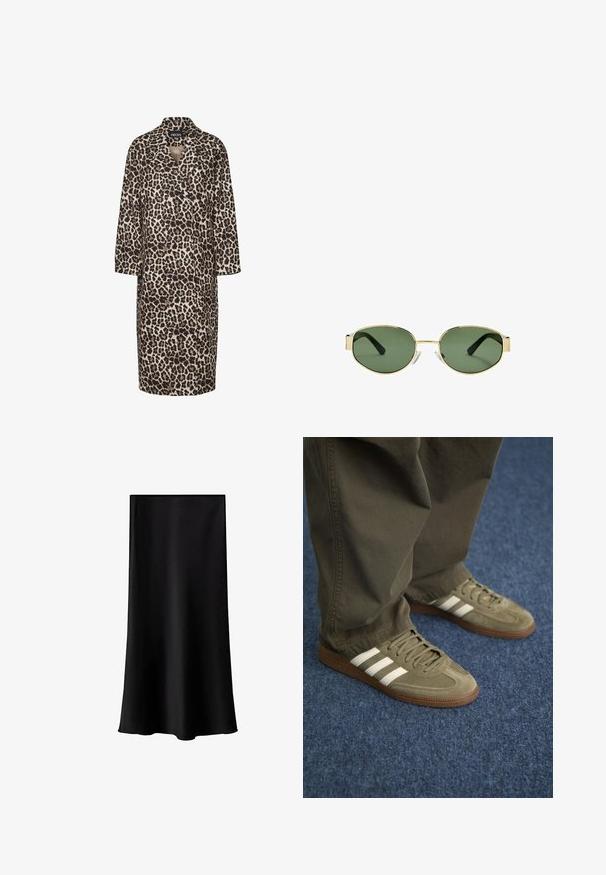 Długi płaszcz w zwierzęcy wzór z leopardem w odcieniach brązu i beżu, z kołnierzem, zapięciem na guziki z przodu i długimi rękawami.; Biała bluzka z długim rękawem, wykonana z miękkiej, gładkiej tkaniny. Posiada okrągły dekolt i dopasowany krój z minimalnymi detalami w szwach.; Czarna spódnica midi z gładkiego, lekkiego materiału. Charakteryzuje się prostym krojem, brakiem widocznych elementów metalowych oraz minimalistycznym wzornictwem bez nadruków.; Zielone zamszowe trampki z trzema białymi paskami, brązową gumową podeszwą i teksturowanymi sznurowadłami, zestawione z oliwkowymi spodniami na niebieskim dywanie.; Złote okulary przeciwsłoneczne w metalowej oprawie z zielonymi soczewkami, o owalnym kształcie, czarnymi zausznikami i przezroczystymi noskami. Czysty, minimalistyczny design.; Oliwkowa torba na ramię z podwójnymi uchwytami, gładką teksturą i metalowym akcentem z logo. Owalny kształt z bocznymi panelami; zestawiona z niebieskimi spodniami.