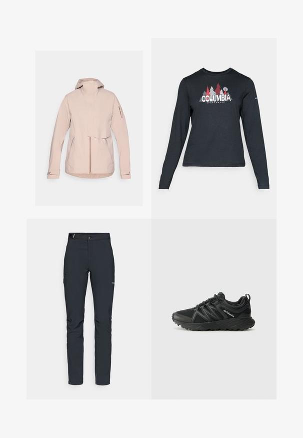 Salomon OUTERPATH PRO - Waterproof jacket - etherea; Long-sleeve dark gray shirt with a graphic of red trees and mountains; "COLUMBIA" logo in bold white text. Soft fabric, standard crew neck.; Men's outdoor pants, dark gray, made from flexible material, featuring a belt, zippered pockets, and reinforced stitching.; Columbia PEAKFREAK - Hiking shoes - black