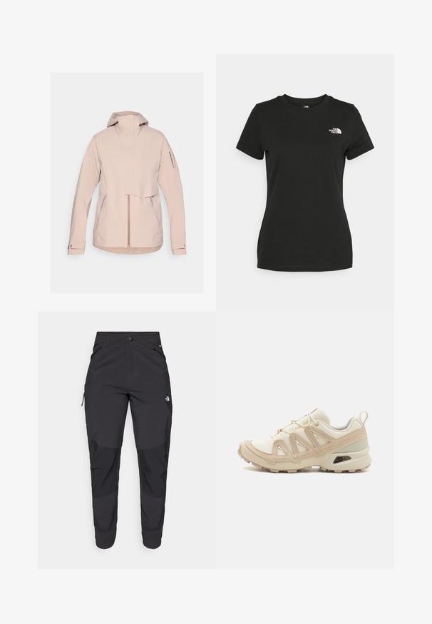 Salomon OUTERPATH PRO  - Veekindel jope - etherea; Mustvalge puuvillane t-särk, millel on ümber kaeluse lõige ja lühikesed varrukad. Märkimisväärne valge logo vasakul ülal nurgas. Sile tekstuur, mugav lõige.; Must black välitingimustes püksid, mis on valmistatud vastupidavast kangast. Omavad lukugaTaskuid, tugevdatud põlvepaneele ja sirget lõiget liikuvuse tagamiseks.; Beež ja koobalti spordijalats tekstureeritud võrkkattega, toetavad ülemised kihid ja kummist tallaga, millel on mustriga joonistus haardeks.