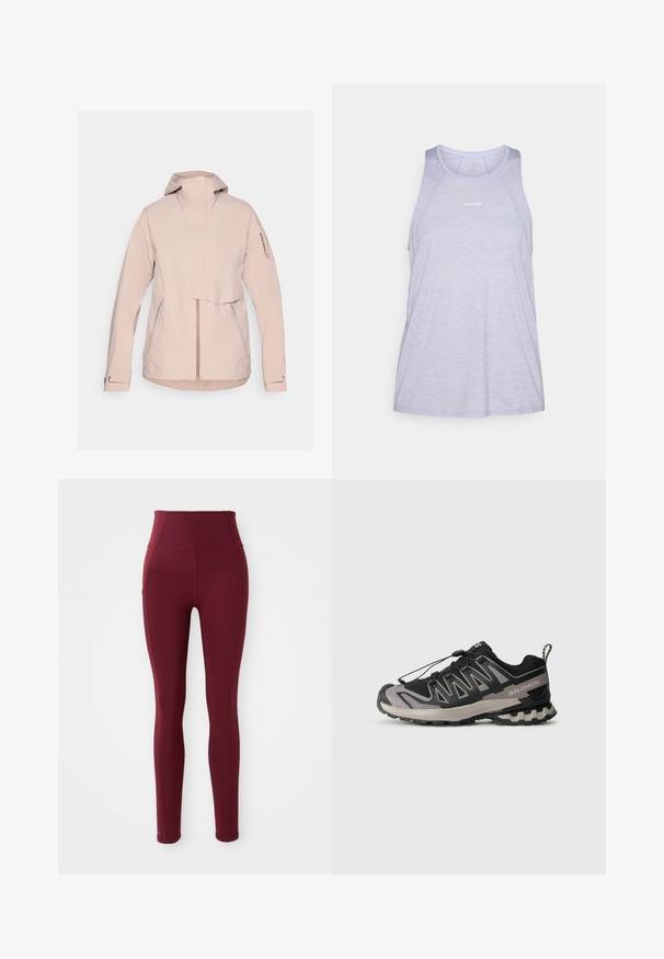 Salomon OUTERPATH PRO - Regnjakke - etherea; Lys lilla treningsskjorte, laget av pustende stoff, med rund hals, ermeløs design og minimalt logoakcent.; Burgunderfargede høye leggings laget av elastisk stoff, med en glatt tekstur og en sidelomme.; Svart og grå atletisk sko med mesh-overdel, gummisåle og elastisk snøresystem. Har forsterket tå og teksturerte detaljer.