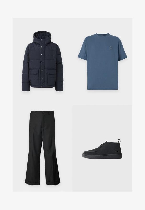 Tumesinise värviga soojak, millel on kapuuts, nööbid, kaks esikot ja õmmeldud paneelid isolatsiooniks. Sile tekstuur, soe disain.; Sinine puuvillane T-särk klassikalise ümmarguse kaelusega, lühikeste varrukatega, vabalt istuv ning kahel väikesel prinditud logol rinnal. Sile tekstuur.; Mustad laiad püksid nupuga vöökoha ja cuffidega hemmed, esitatud lihtsa valge tausta taustal.; Must värvi sametist nööbitavad ankle-kingad tõmbluku ja tekstureeritud tallaga, millel on külgedel väike reljeefne krokodillilogo.