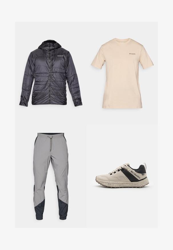 Norrøna FALKETIND THERMO40 HOOD - Vinterjakke - caviar; Beige kortermet t-skjorte laget av bomull, med en liten svart Columbia-logo på venstre bryst. Standard rund halsdesign.; Lettvektige, grå treningsbukser med svarte detaljer. Elastisk midjebånd, snøring, tapered benedesign og sidelommer.; Columbia sneakers i beige og svart, med et mesh-overtrekk med tekstur, prikkete mellomsåle og slitesterk gummisåle for godt grep.