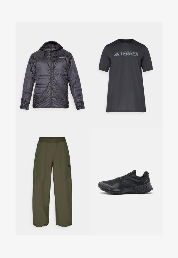 Norrøna FALKETIND THERMO40 czarny; Czarny t-shirt z krótkim rękawem wykonany z lekkiego materiału, z jasnoszarym logo "TERREX" na piersi oraz okrągłym dekoltem.; Jasnozielone, lekkie spodnie z elastycznym paskiem, zamykanymi na zamek kieszeniami po bokach oraz zwężanymi nogawkami. Gładka tekstura w sportowym stylu.; Czarne buty sportowe z teksturowaną siateczką, gumową podeszwą i zauważalnymi szarymi akcentami na palcach i bocznych panelach. Wzmocniony design pięty.