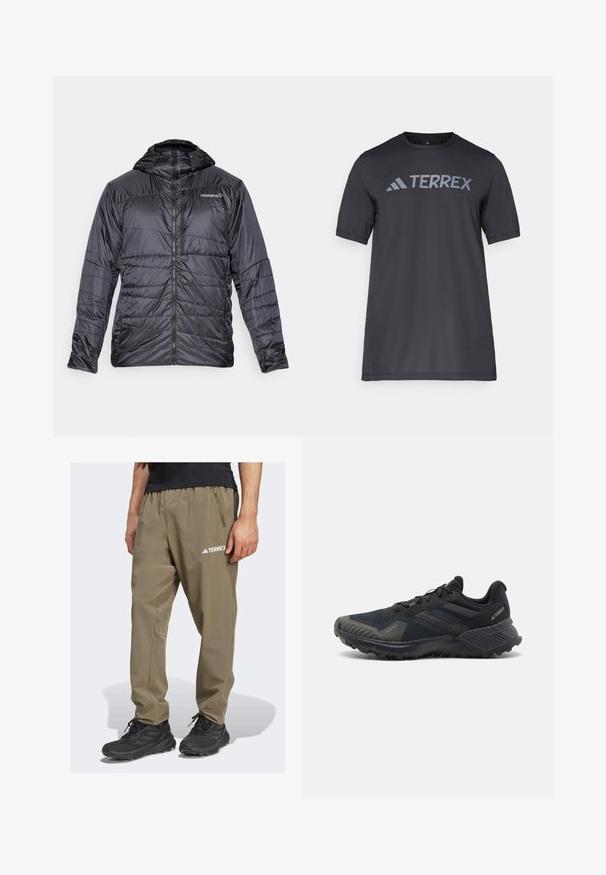 Norrøna FALKETIND THERMO40 HOOD - Zimska jakna - caviar; Crna majica kratkih rukava od lagane tkanine, koja ima svijetlosivu oznaku "TERREX" preko prsa i okrugli izrez.; Terrex brend lagane, khaki planinarske hlače s elastičnom trakom u struku, bočnim džepom i detaljem s logotipom. Izrađene od izdržljivog, prozračnog materijala.; Crne atletske tenisice s teksturiranim mrežastim gornjim dijelom, gumenim potplatom i istaknutim sivim detaljima na prstima i bočnim panelima. Ojačan dizajn pete.