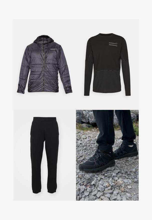 Norrøna FALKETIND THERMO40 HOOD - Zimní bunda - caviar; Norrøna SENJA EQUALISER LIGHTWEIGHT LONG SLEEVE - Top s dlouhým rukávem - caviar; Černé tepláky vyrobené z bavlněné směsi, s elastickým páskem v pase, zúženými nohavicemi a žebrovanými manžetami na kotnících. Jednoduchý design, bez vzorů.; Černé venkovní boty z prodyšného a syntetického materiálu, s texturovaným svrškem, bezpečným šněrovacím systémem a robustní podrážkou, na skalnatém terénu.