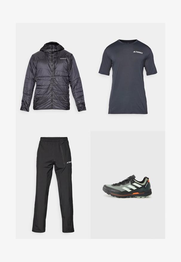 Norrøna FALKETIND THERMO40 HOOD - Ziemas jaka - caviar; Tumši pelēks īsām piedurknēm t-krekls, kas izgatavots no viegla, elpojoša materiāla. Iezīmēts ar apaļu kakla izgriezumu un baltu "TERREX" logo priekšā.; Melnas vieglas āra bikses ar elastīgu jostu, rāvējslēdzēja kabatām un uzdrukātu logotipu. Gluda tekstūra un taisni pieguļošas kājas.; Viegls taku skriešanas apavs ar pelēku un melnu sieta augšdaļu, oranžiem akcentiem un izturīgu zoli, kas nodrošina saķeri. Ūdensizturīga Gore-Tex oderējums.