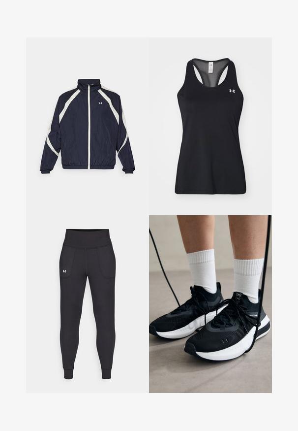 Mornarska jakna na vjetar s bijelim dijagonalnim trakama, visokim ovratnikom, punim patentnim zatvaračem, elastičnim manžetama i rubom. Under Armour logo na prsima.; Crni atletski top bez rukava s teksturiranim materijalom, dizajnom na leđima i suptilnim logotipom na prsima. Lagani i prozračni materijal.; Crne sportske tajice napravljene od rastezljivog materijala, sa visokim pojasom, bočnim džepovima i uskim manžetama na gležnjevima.; Crne atletske cipele s teksturiranim materijalom, bijelim potplatima i crnim vezicama. Nosene s bijelim rebrastim čarapama, stojeći na svijetloj površini.