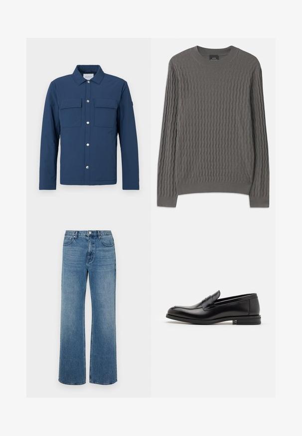 Jachetă bleumarin dintr-un material texturat, cu închidere cu nasturi, două buzunare la piept și guler. Prezintă nasturi cu prindere metalică argintie.; Armani Exchange Pulover - dark gull zig zag; Jeans cu picioare largi din denim, cu un finisaj decolorat. Au cinci buzunare, închidere cu buton frontale și un croi drept.; Mocasini din piele neagră cu o textură netedă, vârf rotund și o curea decorativă peste partea superioară. Toc mic, design minimalist.