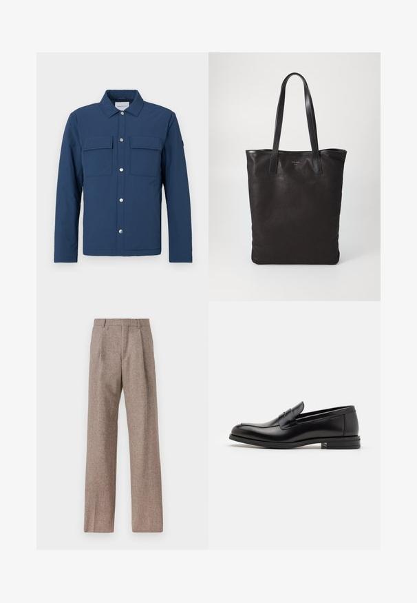 Jachetă bleumarin dintr-un material texturat, cu închidere cu nasturi, două buzunare la piept și guler. Prezintă nasturi cu prindere metalică argintie.; Cămașă albă cu guler, având dungi verticale subtile, mâneci lungi, un buzunar la piept și un tiv clasic rotund.; Pantaloni bej, cu talie înaltă, dintr-un material texturat. Prezintă picioare late și două pliseuri frontale pentru structură. Finisaj îngrijit, fără accesorii vizibile.; Mocasini din piele neagră cu o textură netedă, vârf rotund și o curea decorativă peste partea superioară. Toc mic, design minimalist.; Geantă de umăr din pânză neagră cu mânere din piele neagră. Design simplu, corp spațios și textură netedă. Fără logo-uri sau modele vizibile.