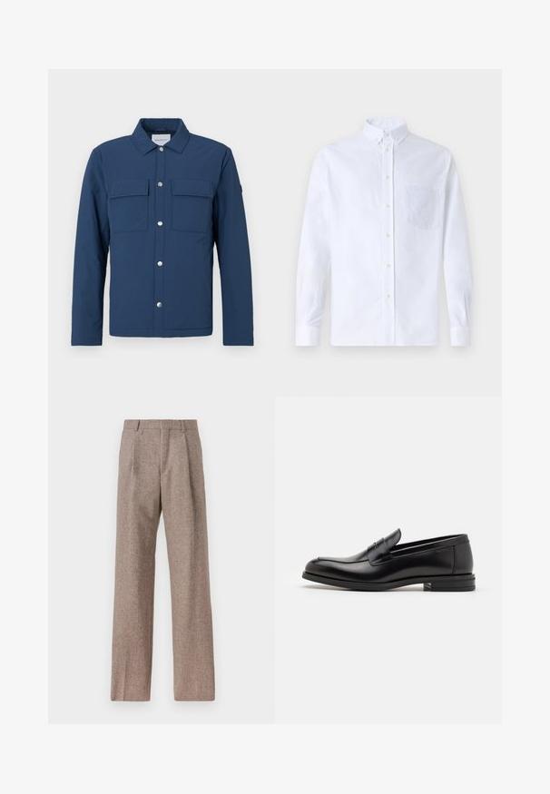 Navy blue jacket made of textured fabric with a button-up front, two chest pockets, and a collar. Features silver snap buttons.; White long-sleeve button-up shirt made of cotton, featuring a chest pocket with tonal embroidery, a collar, and button cuffs.; Brown, high-waisted trousers made of textured fabric. Features wide legs and two front pleats for structure. Neat finish with no visible hardware.; Black leather loafers with a smooth texture, rounded toe, and a decorative strap across the vamp. Low stacked heel, minimalist design.