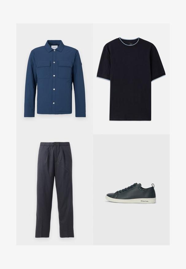 Marineblaue Jacke aus strukturiertem Stoff mit durchgängiger Knopfleiste, zwei Brusttaschen und Kragen. Mit silbernen Druckknöpfen.; Dunkelblaues kurzärmeliges T-Shirt mit Rundhalsauschnitt, das an Kragen und Ärmeln mit hellblauen Akzenten versehen ist. Hergestellt aus weichem Baumwollstoff.; Dunkelblaue Hose aus weichem Stoff mit gef alteter Vorderseite und elastischem Bund. Verfügt über einen Knopfverschluss und gerades Bein.; Dunkelnavyfarbene Leder-Sneaker mit glatter Oberfläche, runder Zehenpartie, sechs Ösen-Schnürung und kontrastierender weißer Gummisohle. Mit Branding an der Seite.