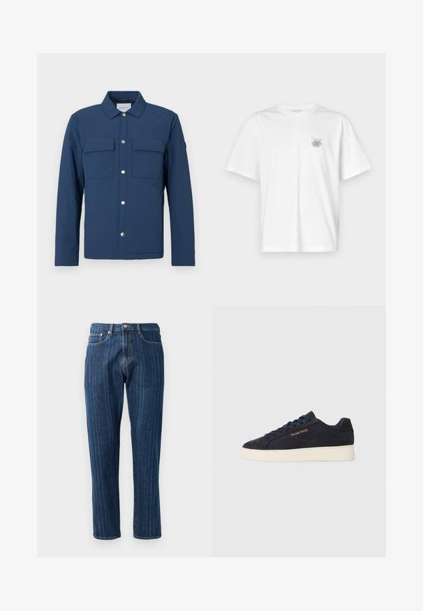 Mornarsko modra jakna iz teksturirane tkanine z gumbom spredaj, dvema prsoma žepoma in ovratnikom. Ima srebrne press gumbke.; Bela majica iz bombaža s kratkimi rokavi, okroglim izrezom in majhnim sivim logotipom na levi strani prsnega dela. Gladka tekstura.; Temno modri džins hlače s ravnimi nogami, vidno šivanje, pet žepni dizajn in gumb za zapiranje na pasu.; Mornarsko modre semiš nizke superge z belim podplatom, mornarskimi vezalkami in z zlatim logotipom "Filling Pieces" na strani.