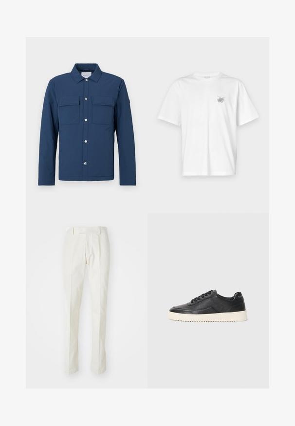 Mornarička plava jakna od teksturiranog materijala s prednjim kopčanjem na dugmad, dva džepa na prsima i kragnom. Ima srebrne dugmadi na pritisak.; Bijela majica od pamuka s kratkim rukavima, okruglim izrezom i malim sivim logotipom na lijevoj strani prsnog područja. Glatka tekstura.; Bijele hlače od pamuka, s ravnim krojem, ravnim prednjim dijelom i bez vidljivih uzoraka ili metalnih dijelova. Glatka tekstura.; Crne kožne tenisice s teksturiranim završetkom, okruglim vrhom i ravnim bijelim gumenom potplatom. Karakteriziraju ih crne vezice i branding na peti.