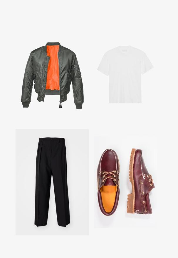 Oliivinvihreä pommittaja, jossa on vetoketjukiinnitys, ribbausarvot ja oranssi nailonvuori. Sisältää sivutaskun vetoketjulla.; Valkoinen puuvillainen t-paita lyhyillä hihoilla, pyöreällä kaula-aukolla ja suoralla helmalla. Tasainen pinta, minimalistiinen muotoilu ilman kuvioita tai korostuksia.; Mustat laskostetut housut, joissa on suora, leveä lahje. Valmistettu sileästä kankaasta, jossa on nappisuljenta ja vyölenkit.; Burgundin nahkakengät ruskeilla kumipohjilla, pyöreällä kärjellä, valkoisella ompelulla ja kultaisilla nauha-aukkoilla. Sisäpuolella on keltainen vuori.