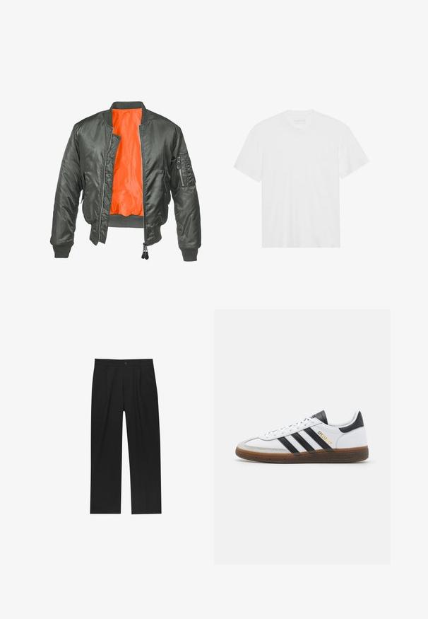 Jachetă bomber verde măslin cu fermoar frontal, manșete cu striații și căptușeală din nailon portocalie. Prezentă o buzunare lateral cu fermoar.; Tricou alb din bumbac, cu mâneci scurte, guler rotund și tiv drept. Textură netedă, design minimal, fără modele sau accente.; Pantaloni negri cu un design drept, fabricați dintr-un material neted. Au plisse în față și un sistem de închidere cu un singur buton la talie.; Tenisi din piele albă cu accente din suede negru, trei dungi negre, talpă din cauciuc bej și branding auriu "SPEZIAL" pe lateral.