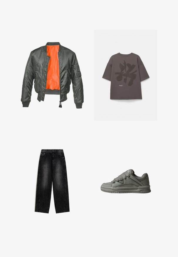 Giacca bomber verde oliva con zip frontale, polsini a costine e fodera in nylon arancione. Presenta una tasca laterale con zip.; T-shirt oversize grigia con maniche corte, caratterizzata da una grande stampa scura sul retro e un piccolo dettaglio testuale vicino all'orlo.; Jeans ampi neri realizzati in denim, con una texture lavata, tasche frontali e accenti in metallo argentato. Chiusura classica con bottone in vita.; Scarpa sportiva grigia con tomaia in pelle testurizzata e rete, suola in gomma spessa e linguetta e lati ben imbottiti. Includono lacci e dettagli laterali.