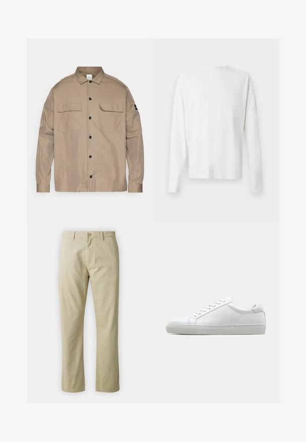 Calvin Klein Allvädersjacka - brindle; Vit långärmad skjorta i bomull med rund halsringning, sidofickor längst ner och en slät yta, visad bakifrån.; Beiga bomullsbyxor med rak benform, framknäppning och bälteshällor. Slät textur, inga synliga mönster eller detaljer.; Vit sneaker med en slät läderövre och låg profil. Har en rundad tå, sex snörhål och en strukturerad gummisula.