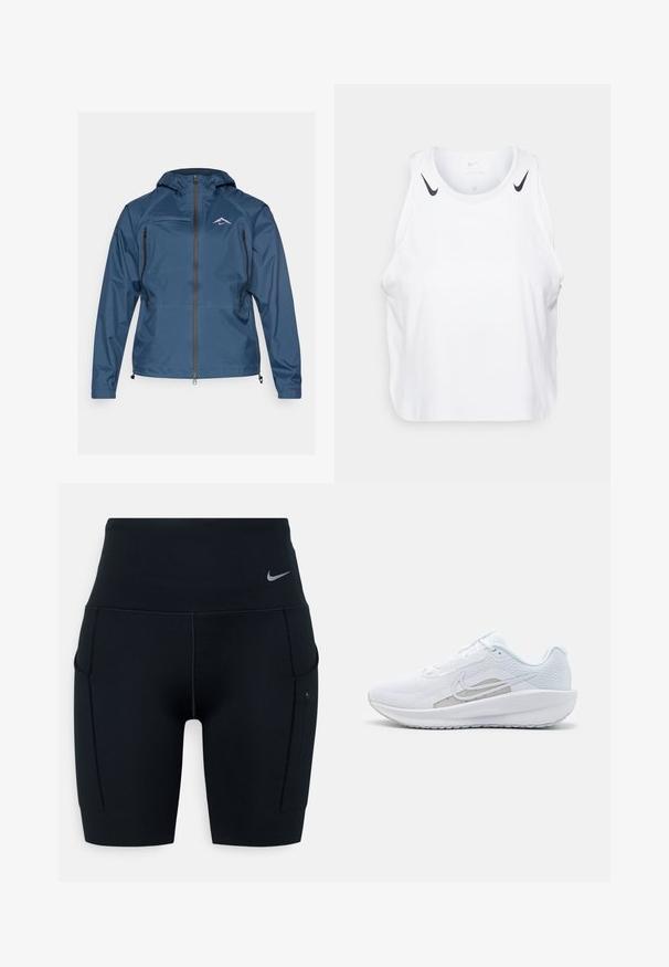 Mėlyna vandeniui atspari striukė su kapišonu, su priekiu užtraukiama, dviem šoninėm kišenėm, krūtinės kišenę ir kalnų logotipu viršuje kairėje.; Baltas be rankovių marškinėliai, pagaminti iš lengvos medžiagos, su juodais Nike logotipo akcentais ant pečių, apvaliu iškirpimu ir laisvu siluetu.; Juodos aukšto liemens sportinės šortai, pagaminti iš elastingos medžiagos; turi šonines kišenes ir mažą Nike logotipą ant juosmens.; Baldas sportinis batelis su tinkleliu viršuje, apvaliu toe ir tekstūruota padais. Pabrėžia sidabrinį Nike swoosh ir minimalistinį dizainą.