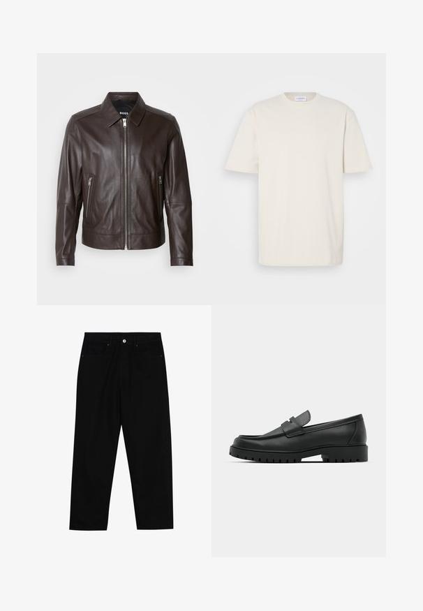 Smeđa kožna jakna s glatkom teksturom, ovratnikom, zatvaranjem na patentni zatvarač sprijeda i dva bočna džepa sa patentnim zatvaračem. Vidljivo dekorativno šivanje.; Majica s kratkim rukavima u off-white boji, izrađena od pamuka. Klasični dizajn s kružnim izrezom, ravnog kroja s minimalnim detaljima šivanja.; Crne traper hlače s ravnim krojem, dizajnom s pet džepova i prednjim kopčanjem na dugme. Glatka tekstura s minimalnim detaljima šivanja.; Crne kožne mokasine s zaobljenim vrhom, s ušivenim dizajnom, niskom platformom i teksturiranim, gumenim potplatom s izbočinama.
