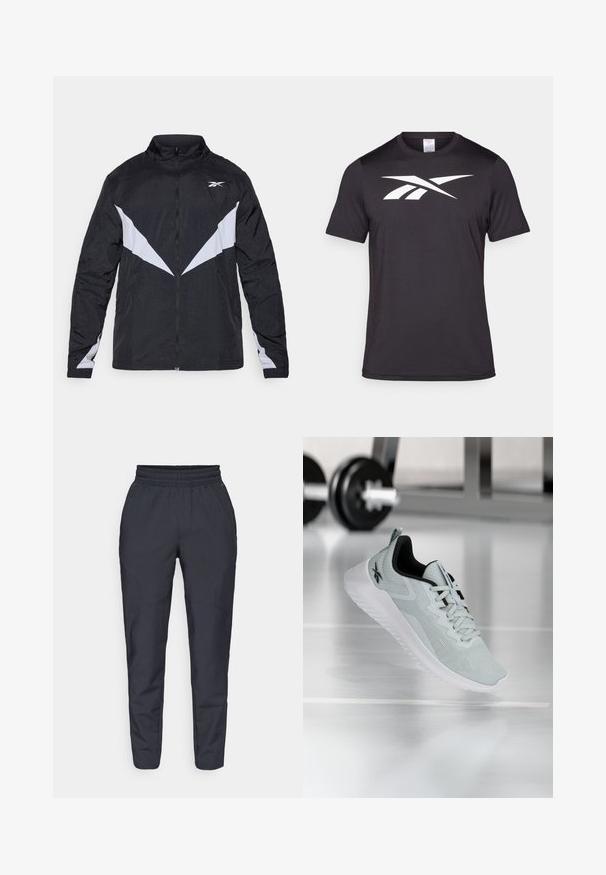 Must musta ja halli tõmblukuga jope, millel on kõrge kaelus, diagonaalne värviblokkide disain ja elastsed mansetid. Valmistatud kergest, tekstureeritud materjalist.; Must mustamine t-särk, mis on valmistatud kergest kangast, esiküljel on silmapaistev valge logo graafika. Lühikesed varrukad ja ümmargune kaelus.; Tumed kergelt kitsenevad püksid, mis on valmistatud pehmest kangast. Neil on elastne vöökoht, küljetaskud ja sile tekstuur, millel on peened õmblusteenused.; Heledhall tooni sportlik king, millel on võrkkangas ülemine osa, mustad aktsendid ja valge tald. Omab tekstuuriga mustrit ja nöörimise sulgemist.