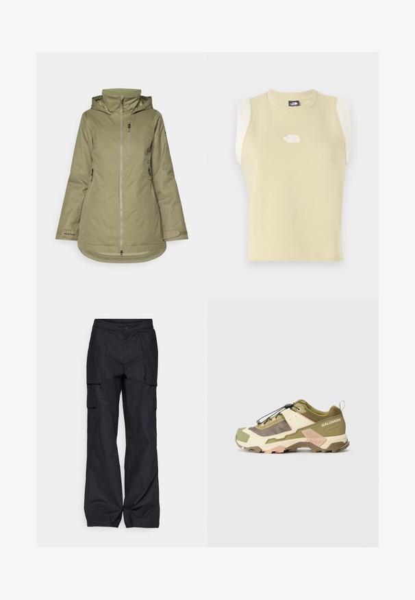 Jachetă de exterior verde oliv, confecționată din material impermeabil, cu glugă, fermoar frontal, buzunar pe piept și manșete ajustabile.; Top fără mâneci din bumbac galben pal, cu un decolteu rotund. Include panouri de umăr în contrast de nuanță crem și un logo texturat pe piept.; Columbia BREA FALLS™ COTTON RIPSTOP PANT - Pantaloni outdoor - black; Shoe de drumeție Salomon în nuanțe de verde măsliniu și crem, având un superior din material texturat, vârf întărit, sistem de șireturi rapide și talpă din cauciuc durabilă.