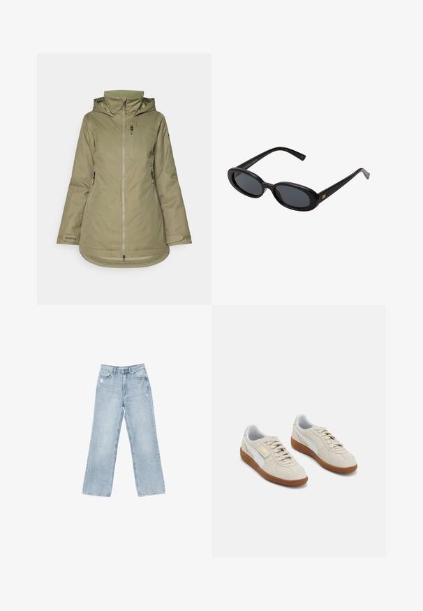 Veste d'extérieur vert olive faite en matériau imperméable, dotée d'une capuche, d'une fermeture éclair à l'avant, d'une poches poitrine et de poignets réglables.; T-shirt blanc à manches courtes en coton, avec un col rond et une coupe décontractée, sans motifs ni graphismes visibles.; Jeans en denim bleu clair avec une coupe large, des détails déchirés, un design à cinq poches et une fermeture éclair.; Baskets en daim beige avec des accents en cuir blanc et des semelles en caoutchouc marron. Présentent un bout rond, des lacets et un logo doré sur le côté.; Lunettes de soleil noires surdimensionnées avec des verres ovoïdes, monture en plastique lisse et accents dorés sur les tempes. Les verres sombres offrent une protection contre le soleil.