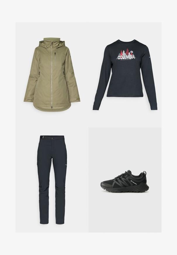 Oliwowa zielona kurtka na zewnątrz, wykonana z wodoodpornego materiału, z kapturem, zapinana na zamek z przodu, z kieszenią na piersi i regulowanymi mankietami.; Długie rękawy, ciemnoszara koszula z grafiką czerwonych drzew i gór; logo "COLUMBIA" w wyraźnym białym tekście. Miękka tkanina, standardowy okrągły dekolt.; Męskie spodnie outdoorowe, ciemnoszare, wykonane z elastycznego materiału, z paskiem, kieszeniami na zamek oraz wzmocnionymi szwami.; Columbia PEAKFREAK czarny