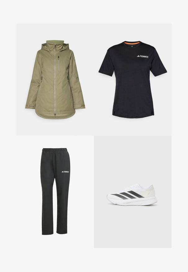Veste d'extérieur vert olive faite en matériau imperméable, dotée d'une capuche, d'une fermeture éclair à l'avant, d'une poches poitrine et de poignets réglables.; T-shirt noir à manches courtes avec col rond, présentant une texture chinée subtile et un logo "TERREX" blanc sur le côté supérieur gauche.; Pantalons légers noirs avec une taille élastique. Présente un logo "TERREX" subtil en blanc. Tissu lisse et design à jambes droites.; Chaussure de sport blanche avec des rayures noires en diagonale, tige en maille, bout arrondi et semelle texturée. Les accents comprennent un talon argenté et un design minimaliste.