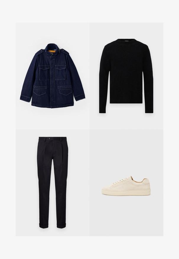 Jeansowa kurtka w ciemnym niebieskim kolorze z kołnierzem stojącym, dwiema kieszeniami na piersi i dwiema kieszeniami bocznymi. Posiada żółte podszewki oraz naramienniki.; Filippa K - Sweter; Dopasowane czarne spodnie wykonane z gładkiego materiału, z płaskim przodem, dwoma przodu fałdami i mankietami dla schludnego, zorganizowanego wyglądu.; Beżowe zamszowe trampki o niskim profilu, okrągłym nosku, płaskich sznurówkach i teksturowanej gumowej podeszwie. Minimalistyczny styl bez widocznych logo.